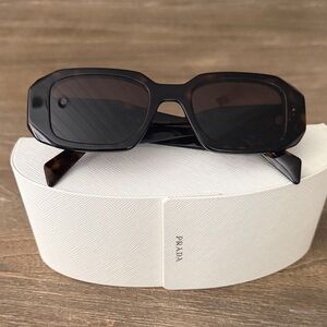 Prada Dark Tortoiseshell Rectangular Sunglasses with Black Lenses